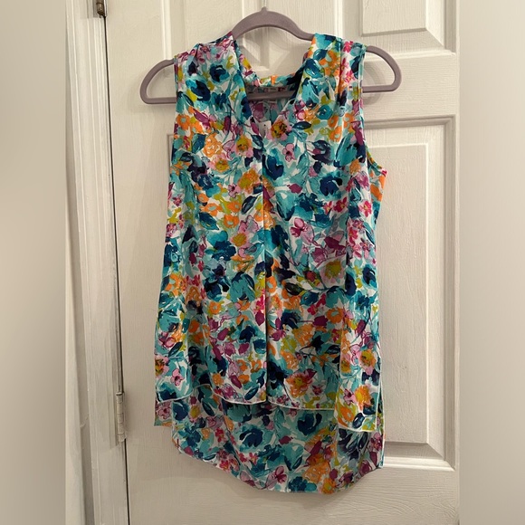Size small bright pretty blue multicolor floral flower blouse sleeveless top - Picture 2 of 6